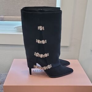 Thalia Sodi Black Heeled Boots with Silver Accents